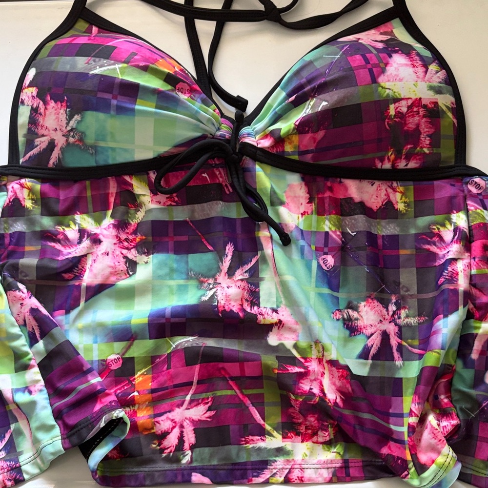 OP Women Swim Purple Pink Teal Floral Halter Tankini Top